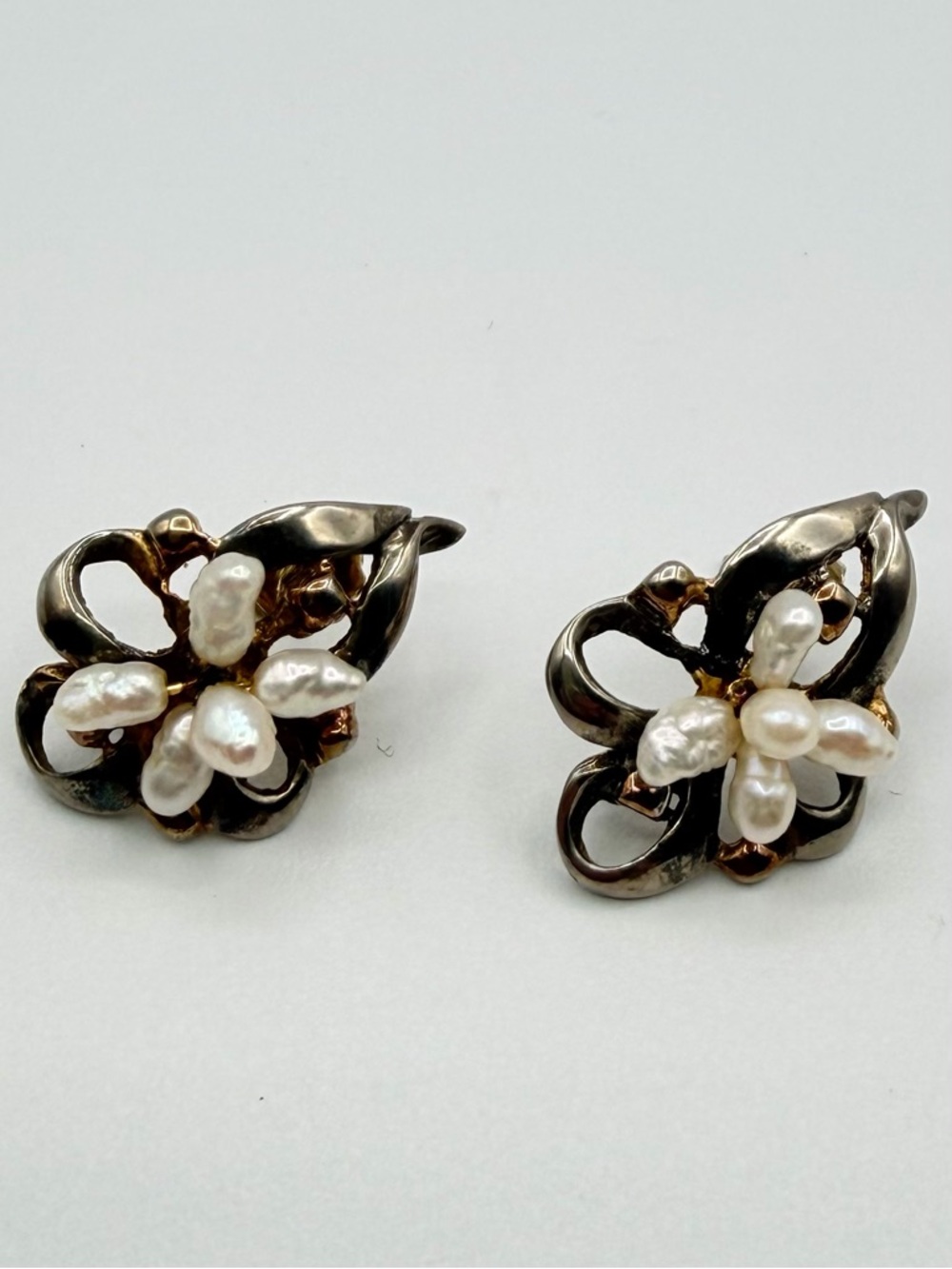 Vintage Two Tone Baroque Pearl Floral Post Earrings Retro